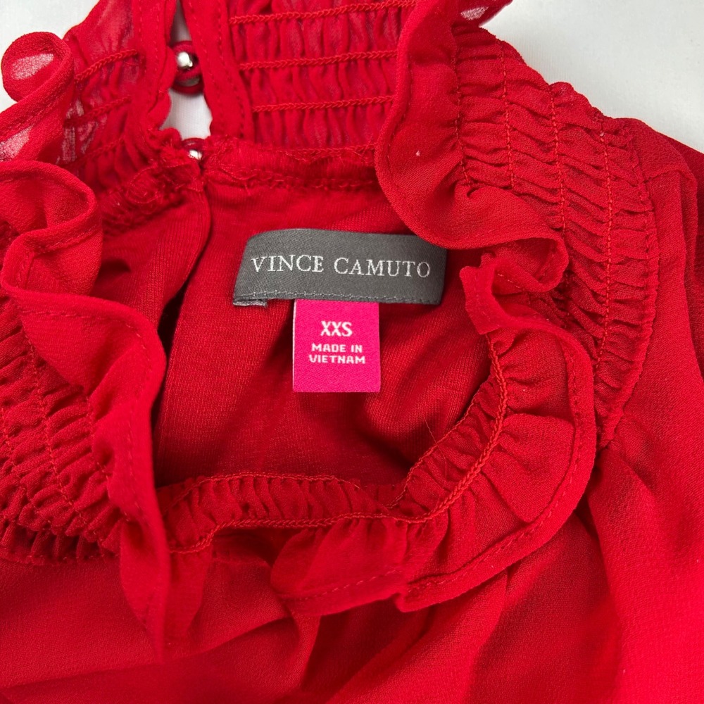 Vince Camuto Womens Red Smocked High Neck Ruffle Bishop Sleeve Blouse‎ XXS NEW - Picture 6 of 8